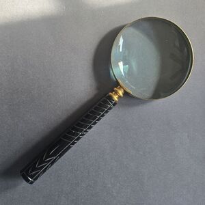 Vintage Brass HEAVY glass  Black CARVED Magnifying Glass Desk Magnifier Library